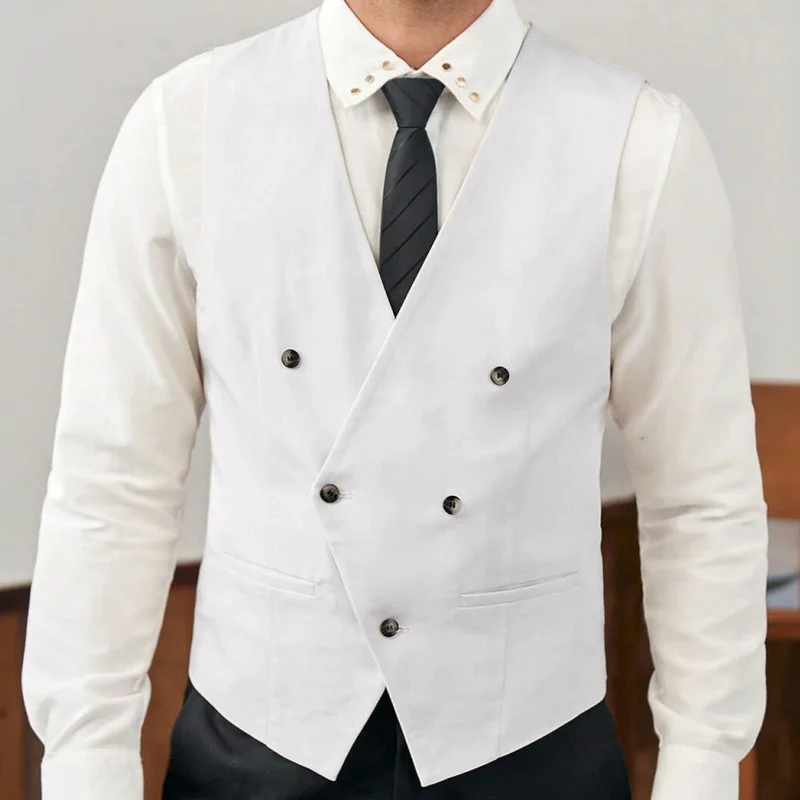 Lansboter Men Vest White Solid V Neck With Pocket Business Casual Waistcoat For Formal Wedding Party Banquet Work Men Suit