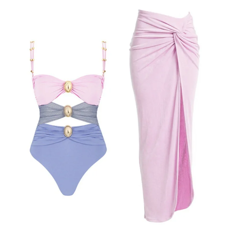 

One-Piece Swimsuit and Skirt Blue Swimwear 2025 Bikini Female Vocation Bathing Suit Beachwear Beach Dress Sarong