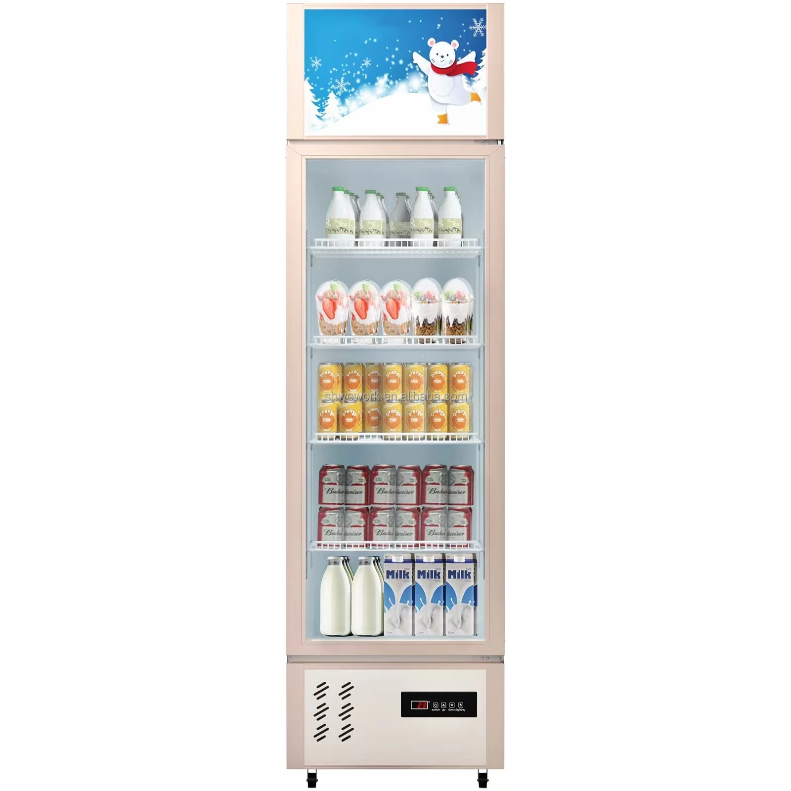 Commercial Refrigerator Display Upright Beverage Cooler Glass Door with LED Light and Single Swing Door Drinks Fridge