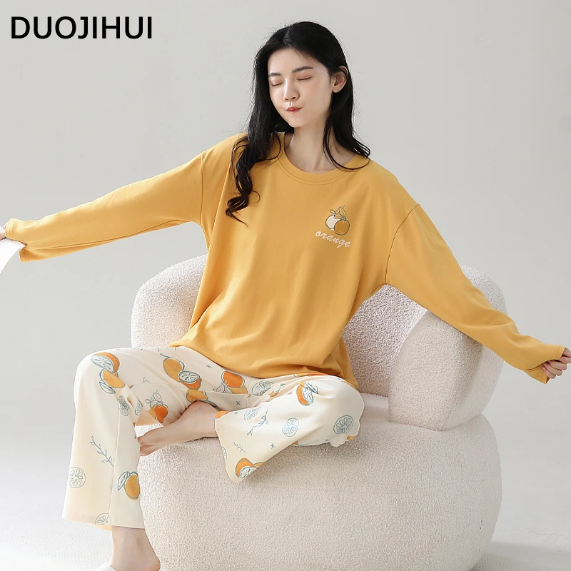 DUOJIHUI-Pijama informal de Color contrastante para mujer, Conjunto de pijama con estampado elegante, Jersey holgado, pantalón Simple, moda femenina, otoño