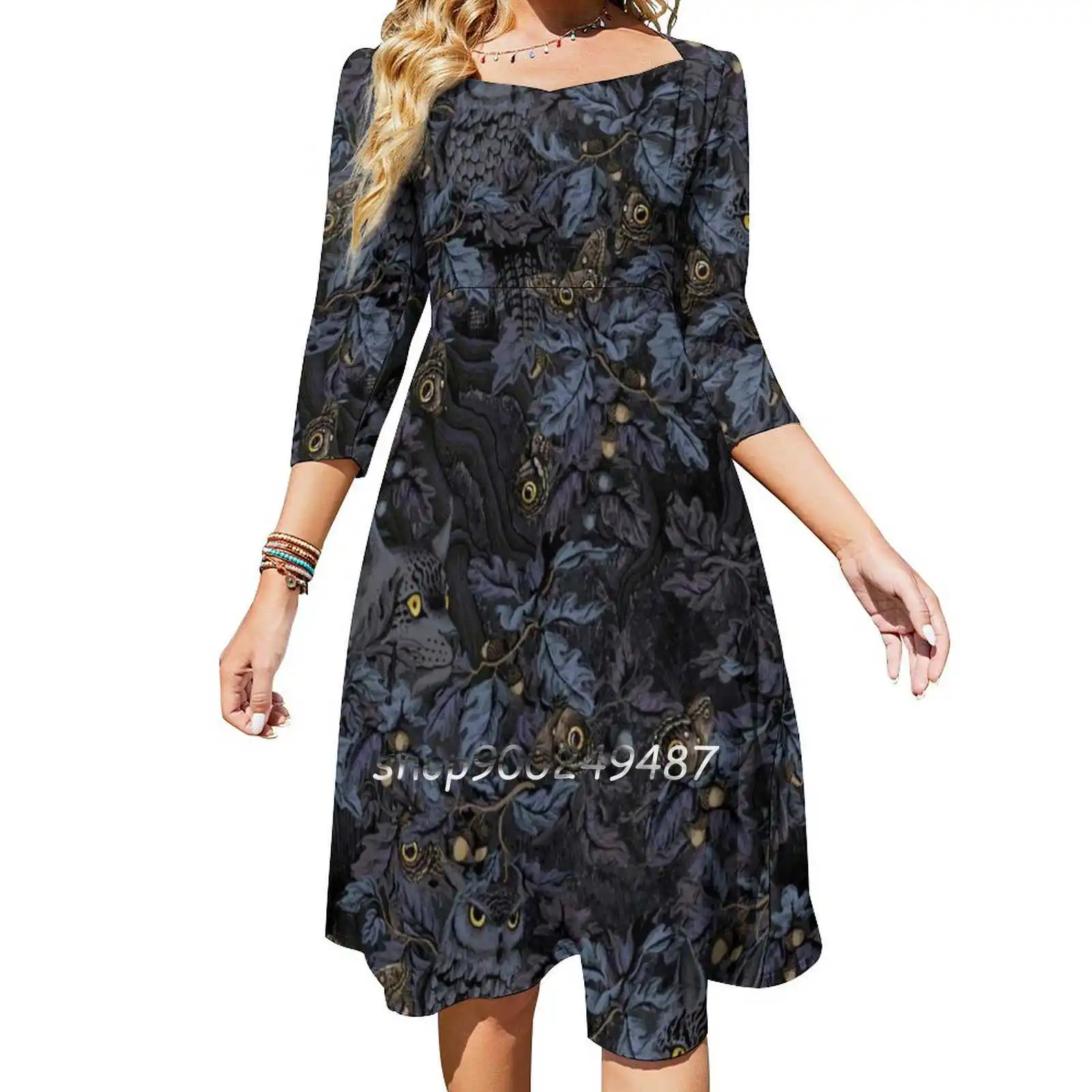 Fit In ( Moonlight Blue ) Square Neck Dress Cute Loose Print Dresses Elegant Beach Party Dress Autumn Leaves Oak Acorn Owl