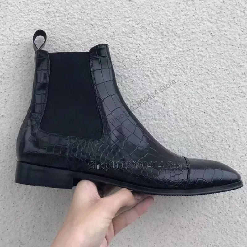 黒のクロコダイルプリント、ポインテッドトゥ、アンクルブーツ、メンズファッションスリッポンブーツ、ハンドメイド、パーティー、宴会、オフィス、大きいサイズ、メンズドレスシューズ