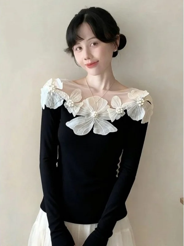 

Женский зимний вязаный свитер Bla 3D Flower на одно плечо с длинными рукавами, высококачественная базовая одежда для ношения под одеждой