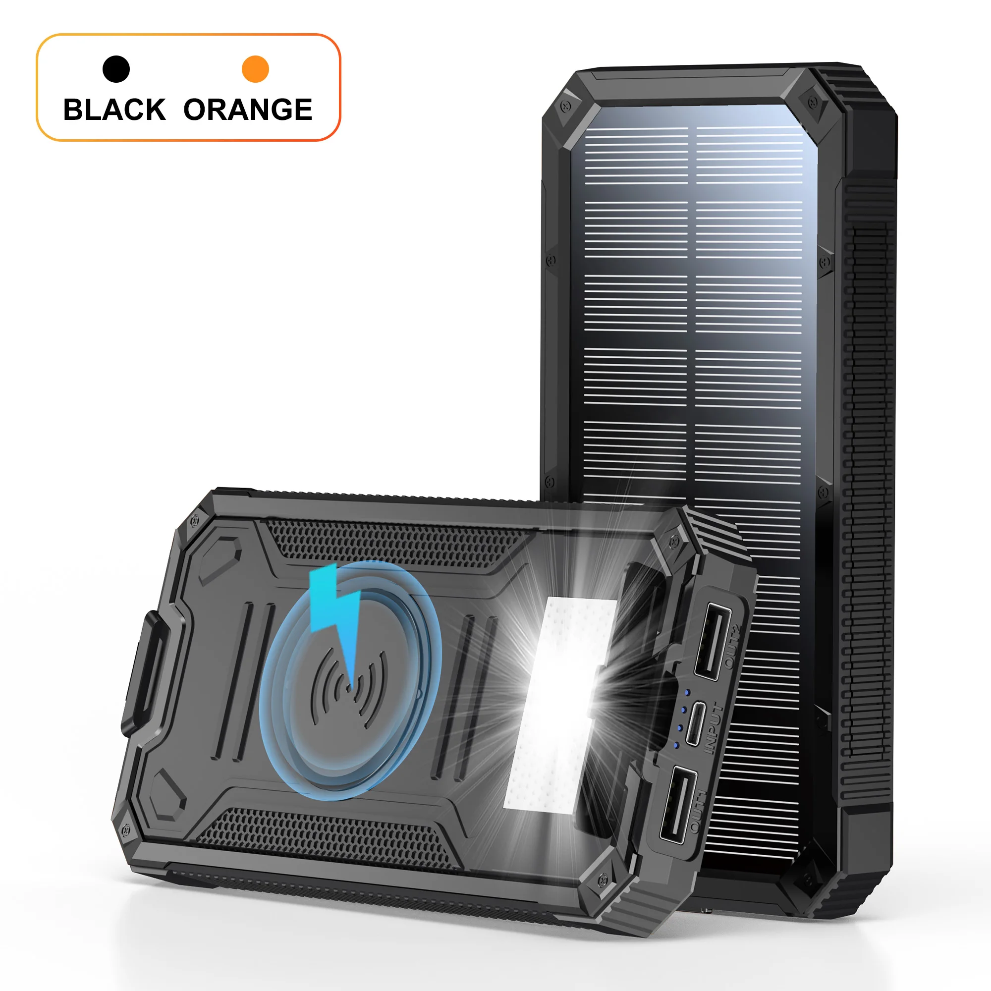 Mobile phone solar charger 20000mAh with 4 outputs, wireless charging emergency power supply, built-in LED light