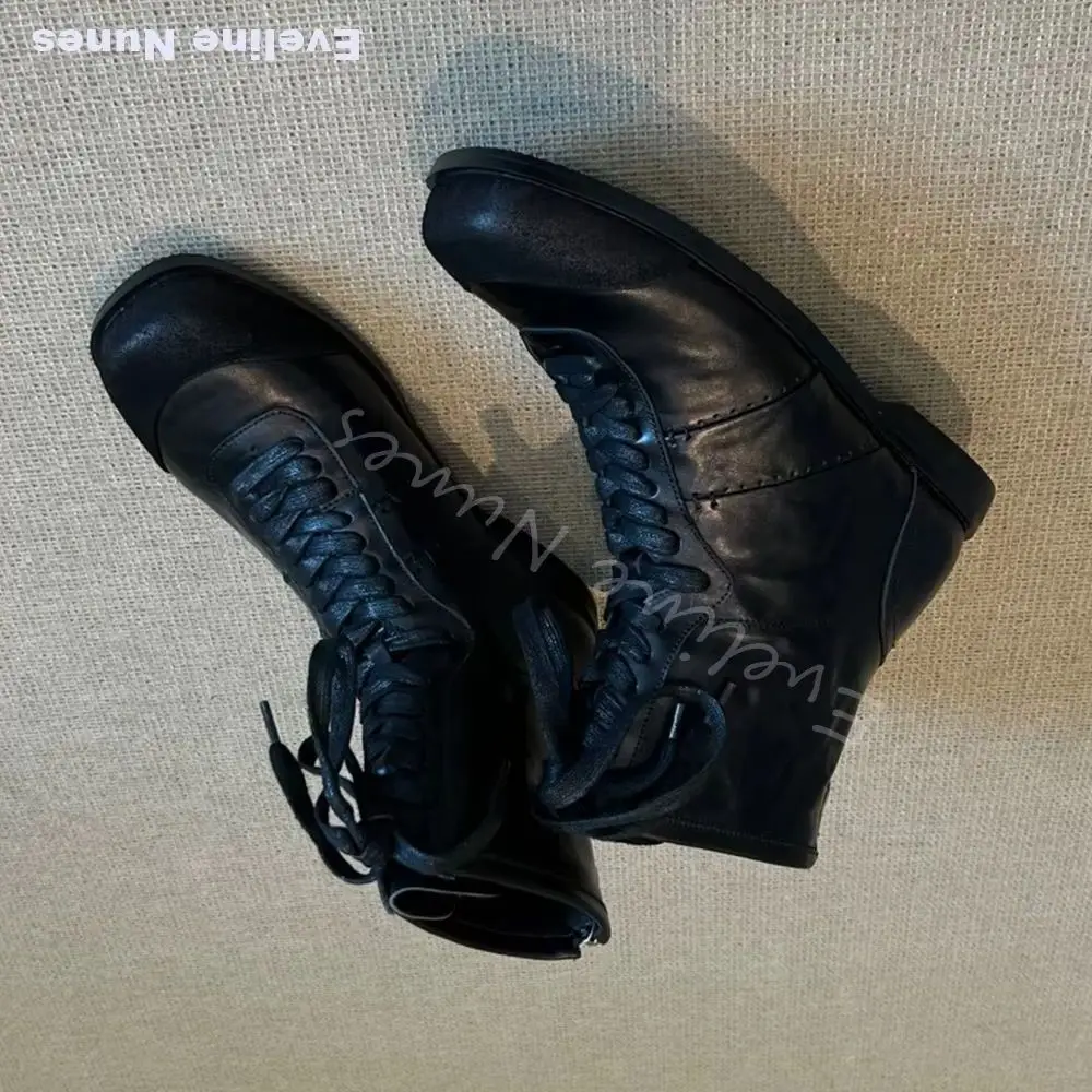 Vintage Men Black Leather High Top Sneakers Full Length Lace Up Flat Back Zipper Boots Distressed Handmade Casual Retro Shoes