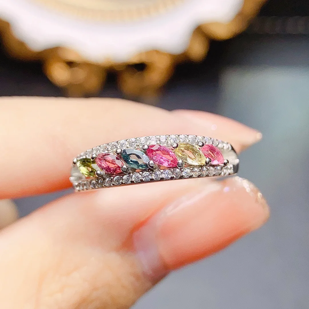 Natural Mutil Color Tourmaline Ring 925 Silver Women's Ring Simple Atmosphere and Long Flowing Style