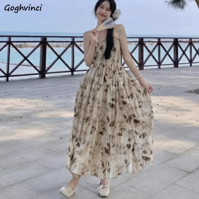 Dresses Women Vintage Spaghetti Strap Defined Waist Chic Floral Casual Daily Sweet Spicy Girls Streetwear Summer Holiday Ins