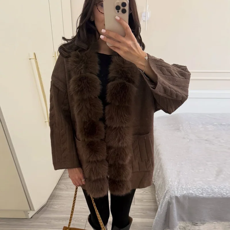 Cable Knit Cardigan with Faux Fur Collar — product details 8