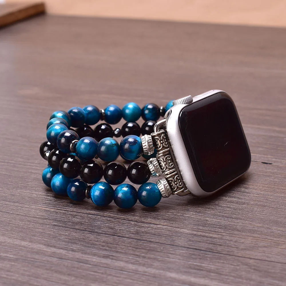 Tiger Eye Black Onyx Apple Watch Band 38mm 40mm 41mm 42mm 44mm 45mm Natural stone Beaded Bracelet Strap for Iwatch Series 1-SE