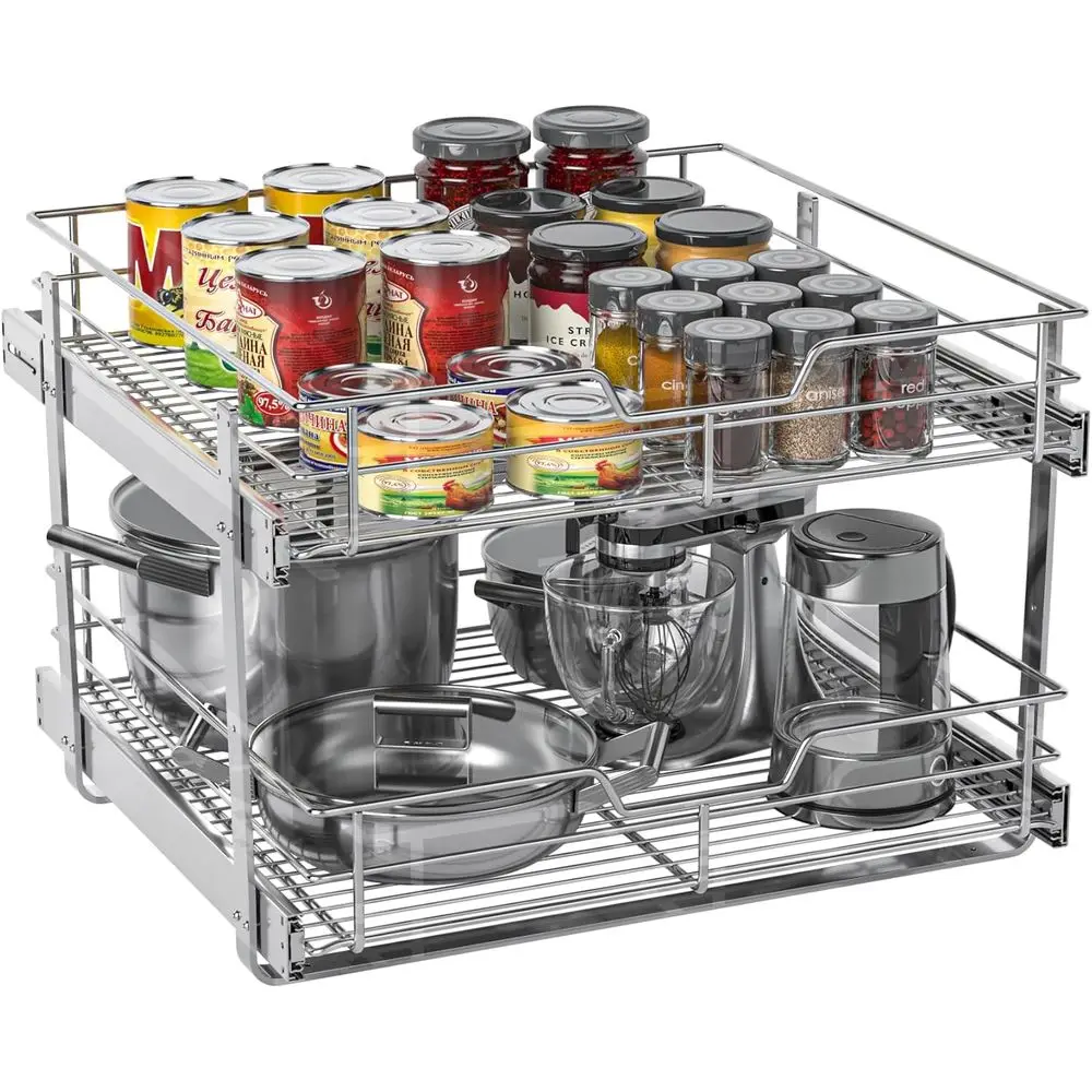 

Stainless Steel 2-Tier Pull-Out Kitchen Cabinet Organizer, 24.25W x 22D, Heavy Duty Storage Basket