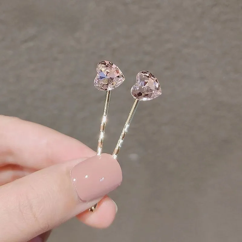 2pcs Sweet Girl Hairpin Imitation Crystal Love One-word Clip Bangs Edge Top Clip Headwear Girls Women Hair Accessories