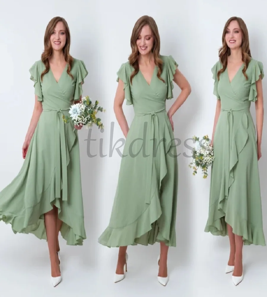 

Modest Green Bridesmaid Dress Short Sleeve V Neck Chiffon Beach Wedding Guest Dress 2025 Ankle Length Maid Of Honor Party Custom