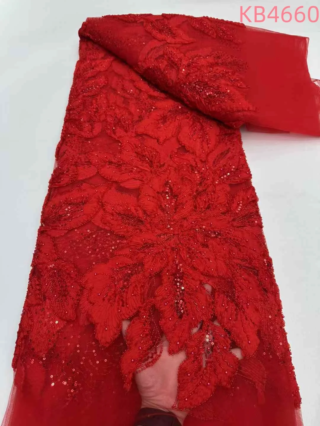 

African Fabric Lace High Quality 2025 Red Beads Lace Fabric With Sequence Nigeria Embroidery Lace For Wedding Party Dress KB4660