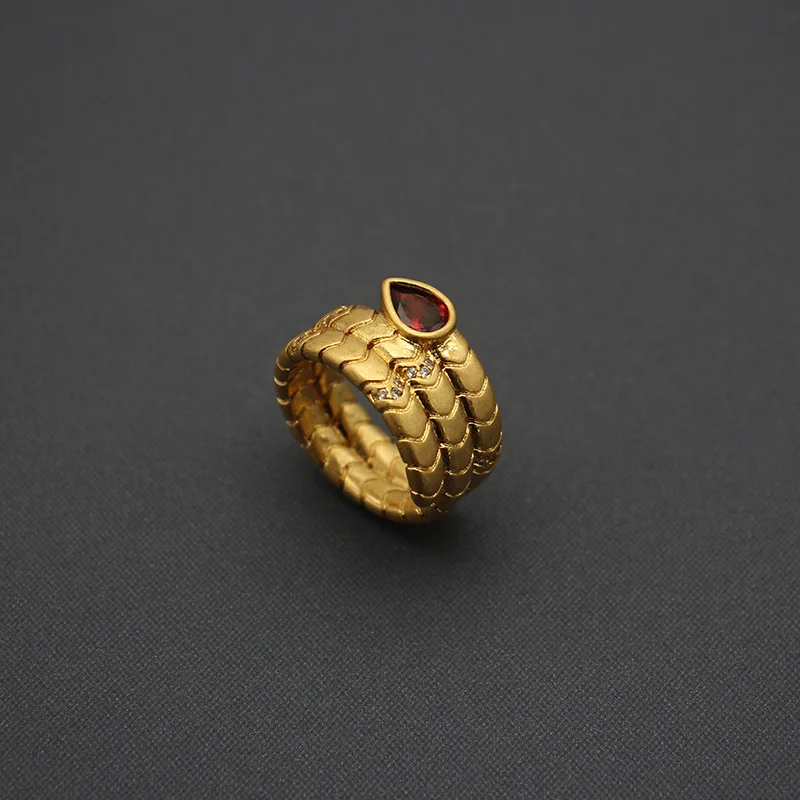 Medieval Snake Ring Water Drop Zircon Brown Finger Ring Brass Plated Old Gold