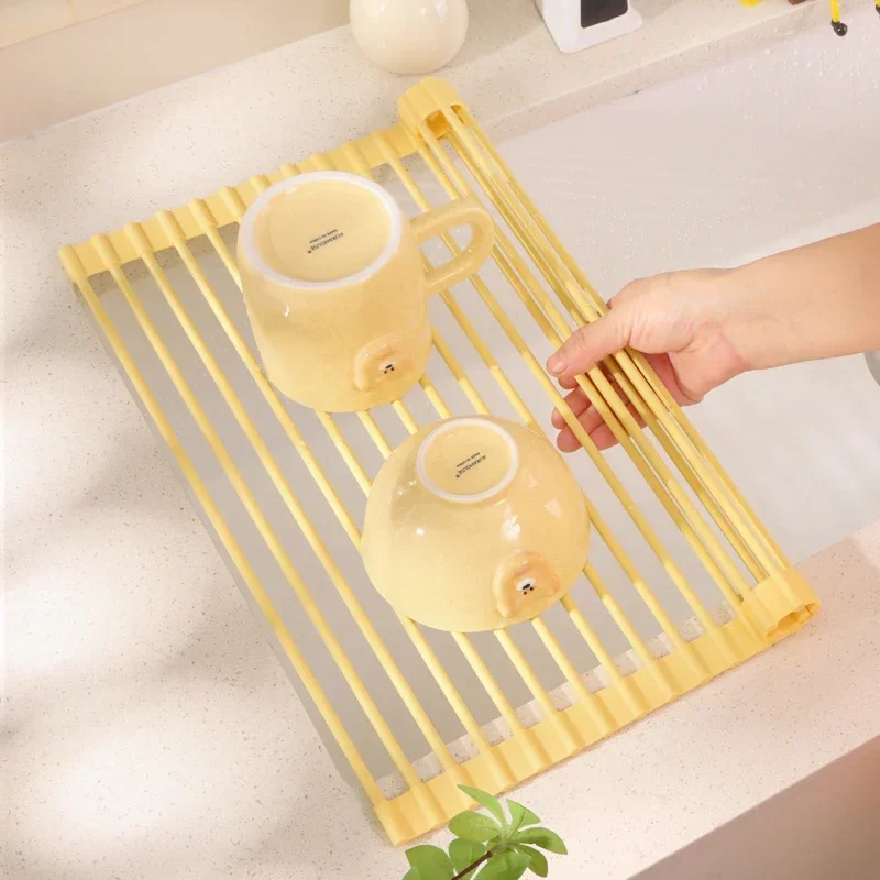 Cream Silicone All-wrapped Collapsible Drain Rack Household Dish Tray Storage Sink Countertop Shelf Rolling Curtain Drain Basket