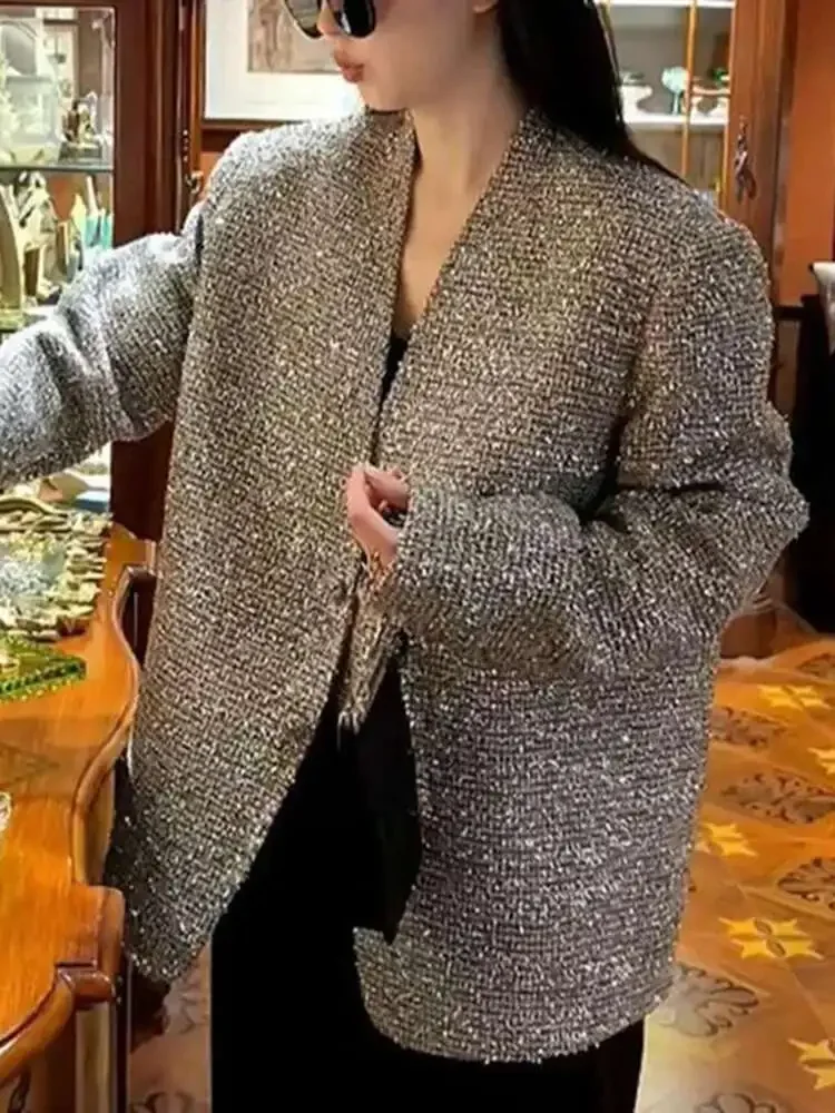 Elegant Silver Women's Suit Jacket European Style Fashion V-neck Long Sleeved Sequined Tweed Coat For Female Spring 2025 New