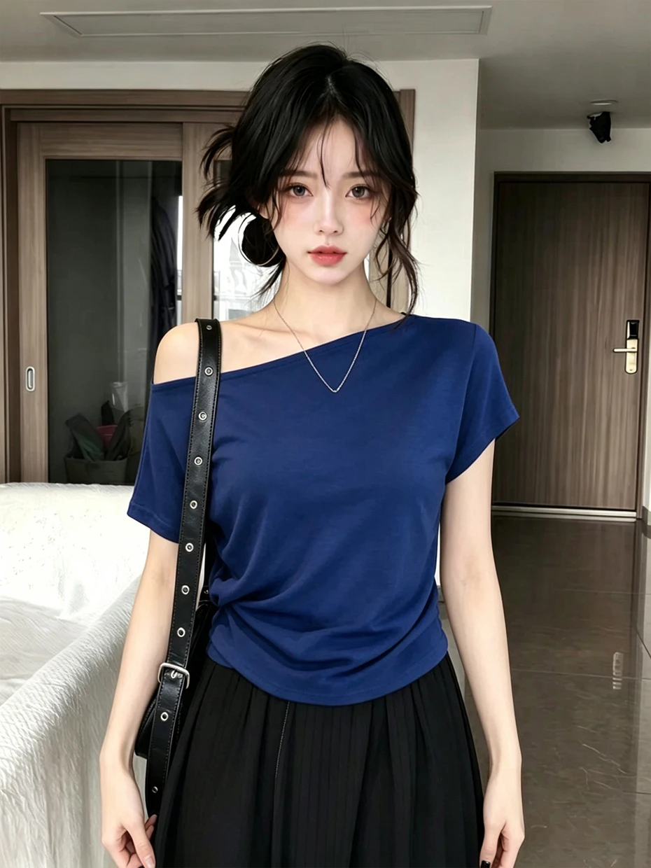 Klein Blue One-Shoulder Short Sleeve T-Shirt Women's Summer Unique Beautiful Slim Fit Short Top French Style Universal Fit