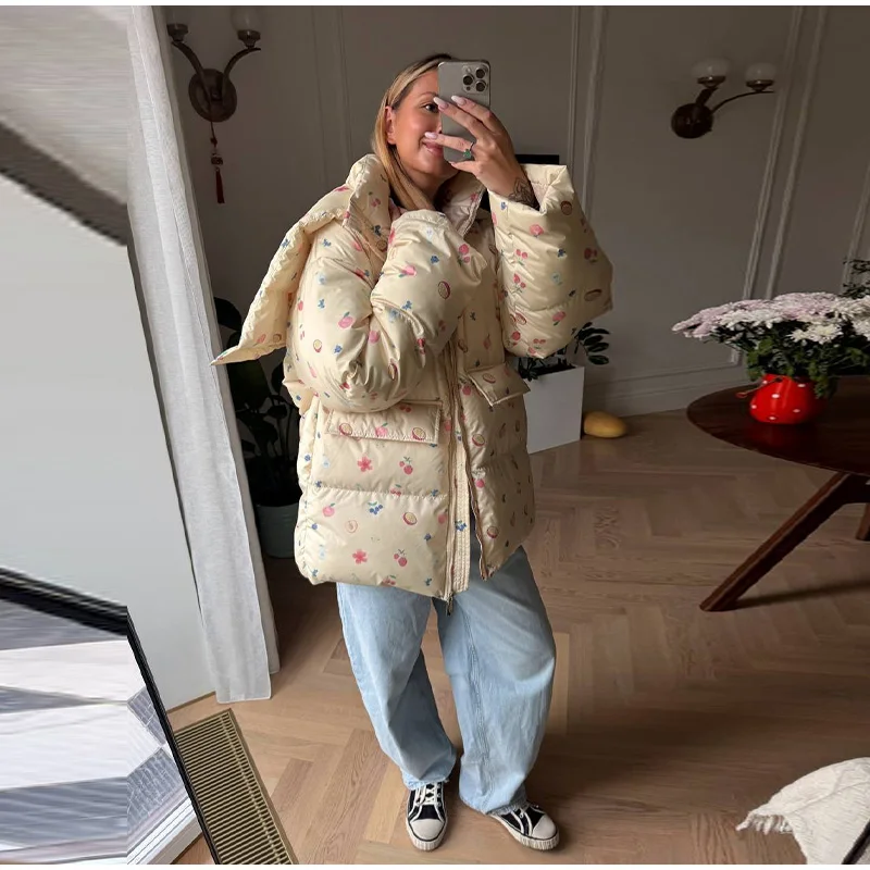 Unique Hooded Women's Winter Jacket Elegant Printed Thicken Pockets Full Sleeve Female Cotton Coat 2025 New Woman Coats Outwears