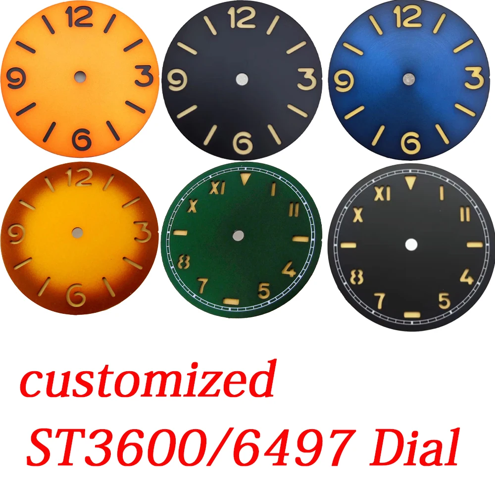 

Циферблат часов 38,5 мм/37 мм, зеленый светящийся сменный аксессуар для часов, подходит для ETA 6497 6498, автоматические механизмы, индивидуальный логотип/имя