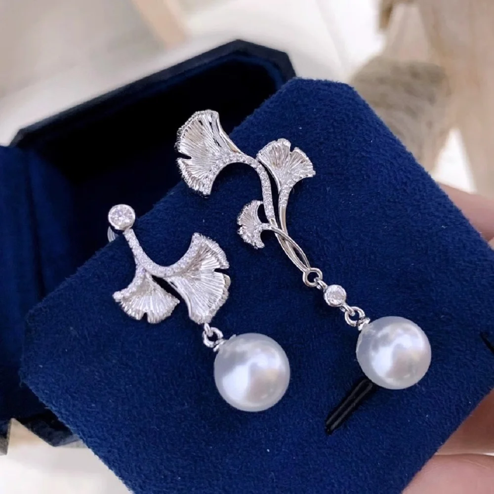 

Новые персонализированные серьги с натуральным японским жемчугом листьев гинкго AAAA9-10 мм 10-11 мм 925s