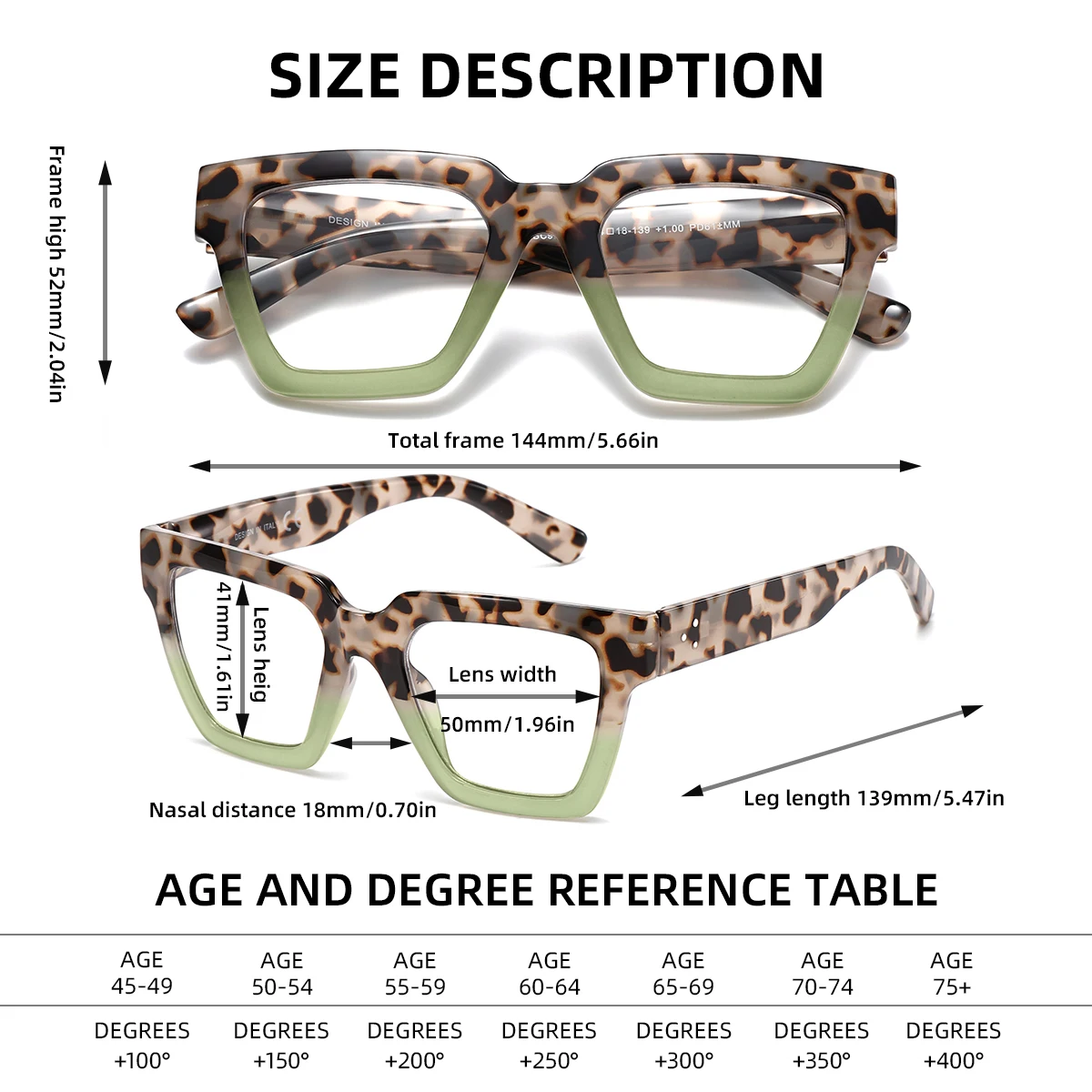 CATMONROE 1 PCS Fashion Large Frame Women Reading Glasses Comfort Square Frame Multi Degree Optional Glasses Apparel Accessories