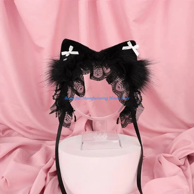 

E56A Soft Furry Cats Ear Headbands With Bows Hairband Costumes Hair Decoration Hairpiece For Costumes Party Hair Accessories