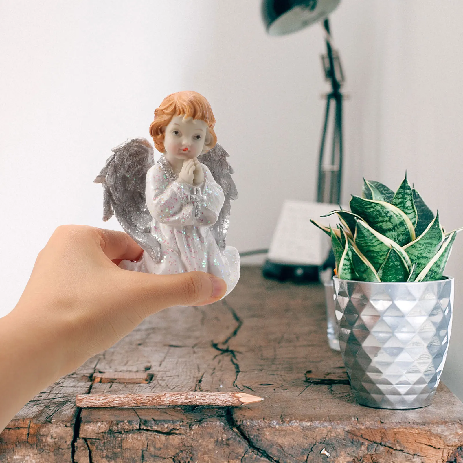 

1Set Adorable Resin Angel Sculpture Flat Bottom Design for Stable Display in Living Space Bedroom Office Tabletop Decor