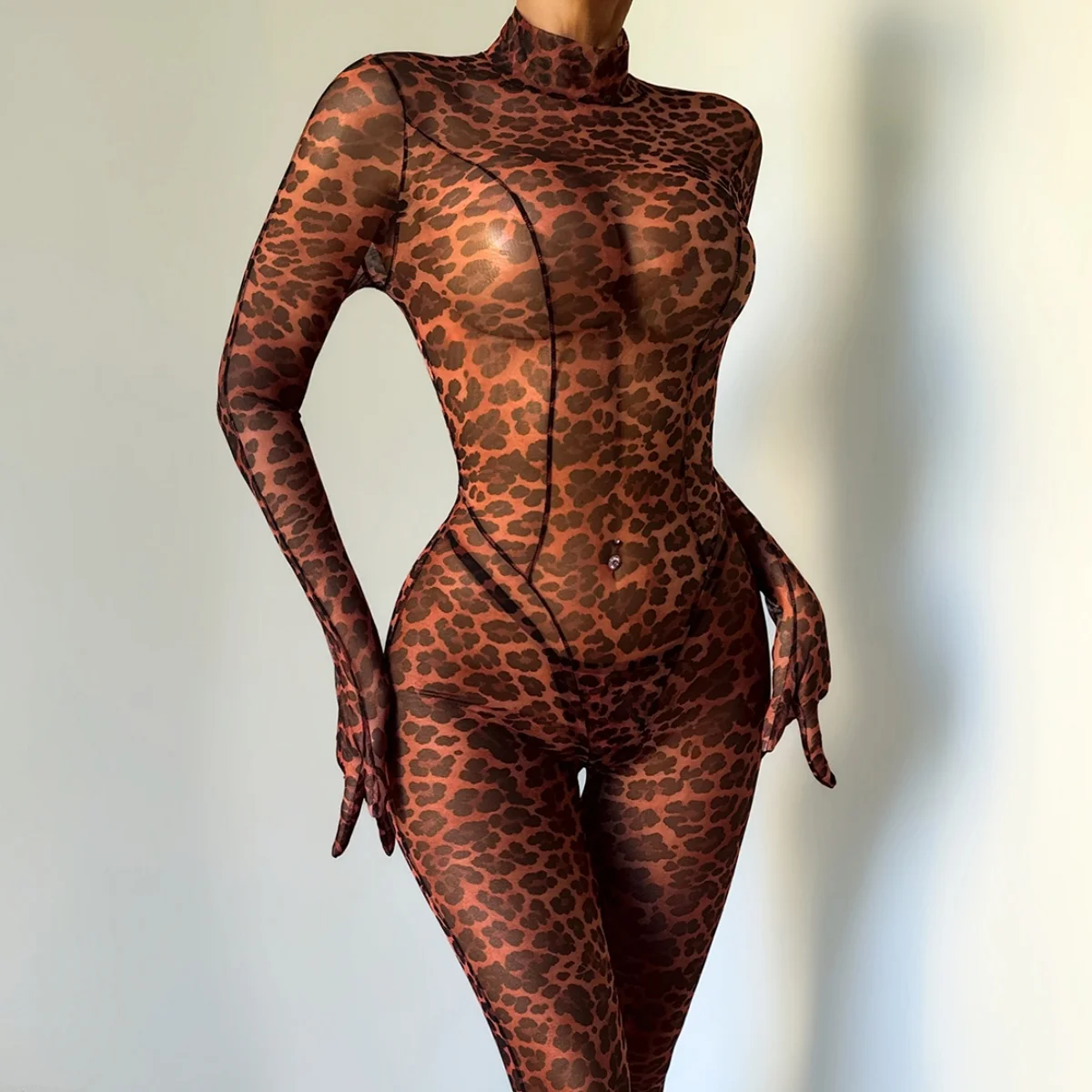 2026 Fashion New Product Wild Leopard Pattern Round Neck Long Sleeve Zipper Slimming Women's Slimming Jumpsuit Two Piece Set