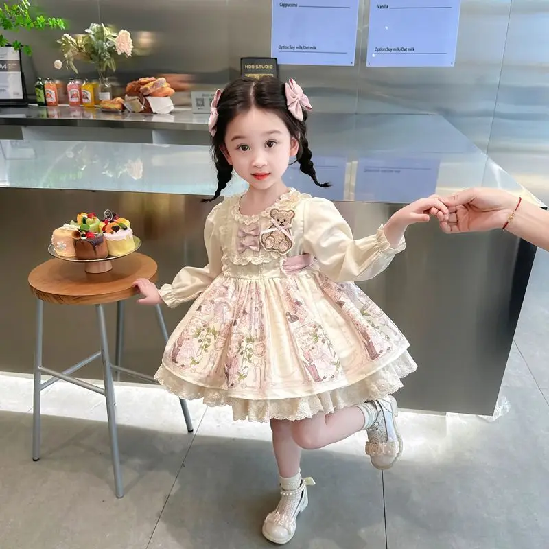 Autumn Cute Bear kids Vestido Spanish Girl Dress Baby Bow Princess Long sleeve  Lolita Dress For Girl Birthday outfit Lace