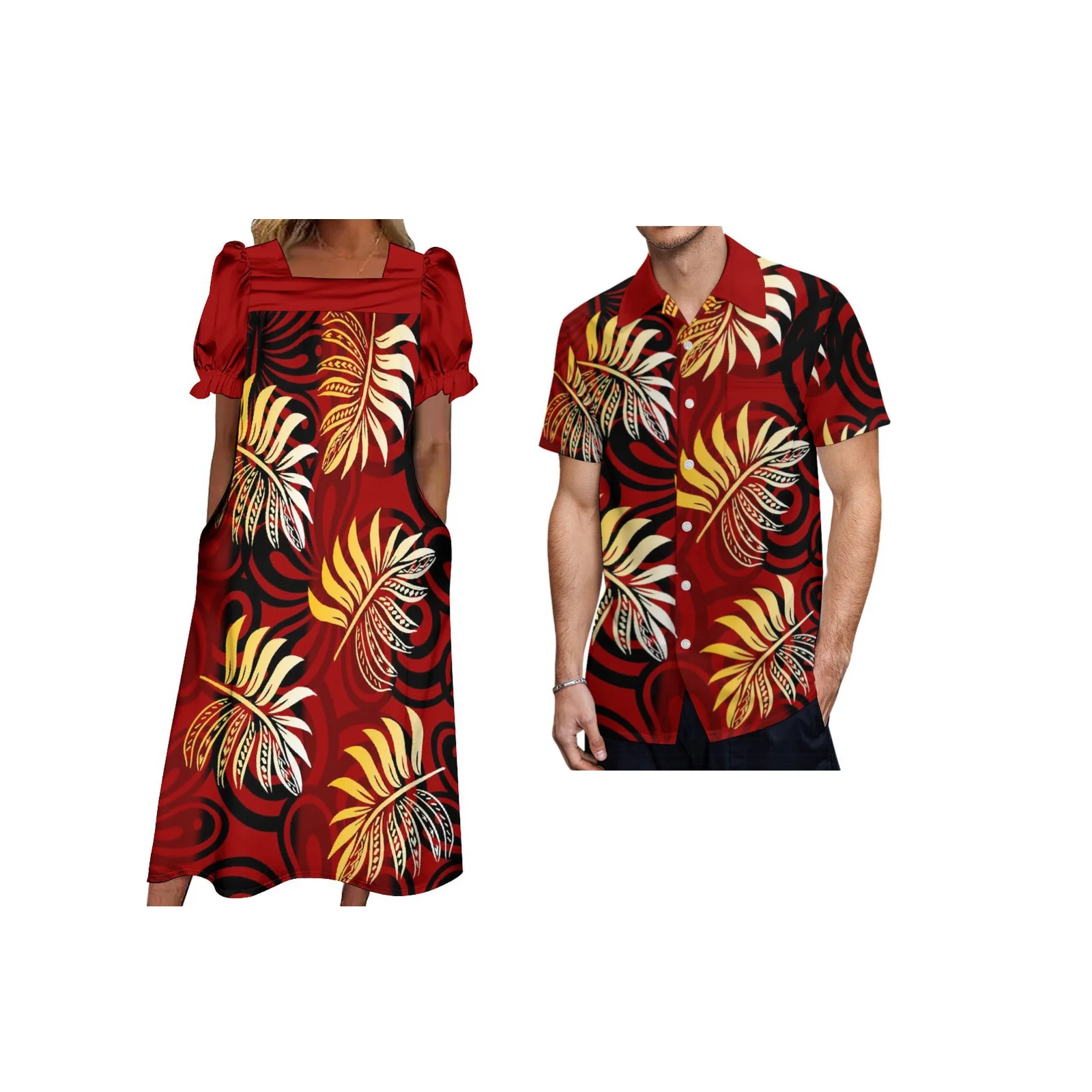 

Tropical Floral Plant Printed Pattern Couple's Costume MUMU Polynesian Samoa Comfortable Quality Women's Dress Hawaii Shirt