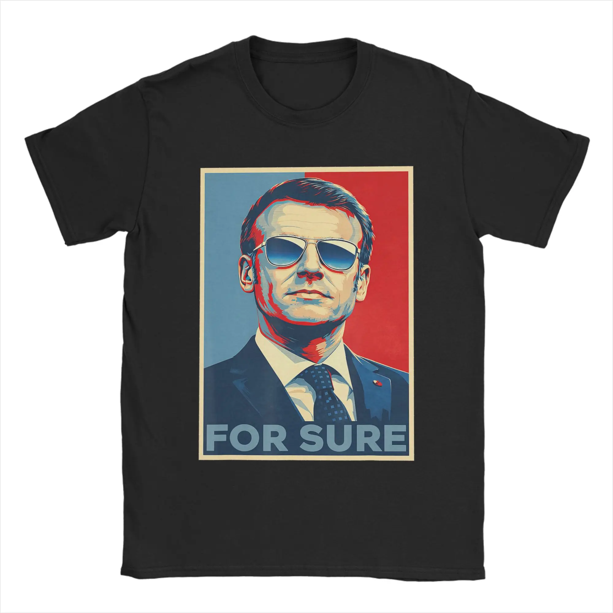 Men T-Shirt Macron for Sure Aviator Glasses Parody Crazy Cotton Tee Shirt Short Sleeve Pop Art Meme T Shirts merchandise Graphic