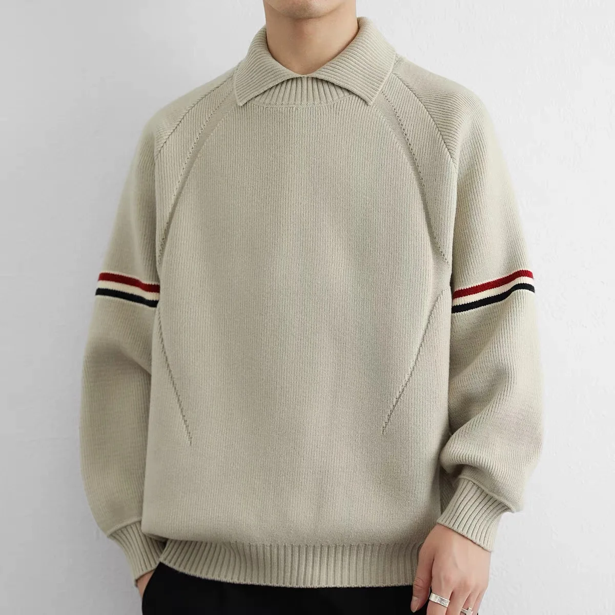 Designer Brand Lapel Sweater Men's Winter Thick Warm Knit Top Premium Classic Color Blocked Striped Youth Casual Trend Pullover