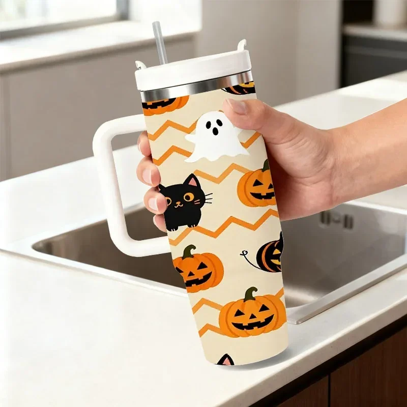 Halloween Themed Digital Print 40oz Stainless Steel Insulated Tumbler, Cute Pattern with Black Cats, Ghosts & Pumpkins, Reusable Thermal Cup for Keeping Drinks Hot or Cold, Ideal for Daily Commute & Outdoor Use