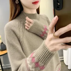 New Autumn/Winter Korean Edition Lazy Colored Jacquard Half High Neck Loose and Versatile Western Style Slimming Knitted Sweater