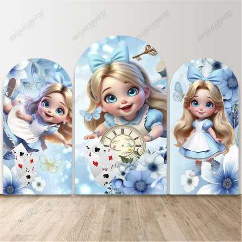 Baby Alice in Wonderland Arch Backdrop Floral Cards Clock Girls Birthday Baby Shower Photography Background Photozone Prop