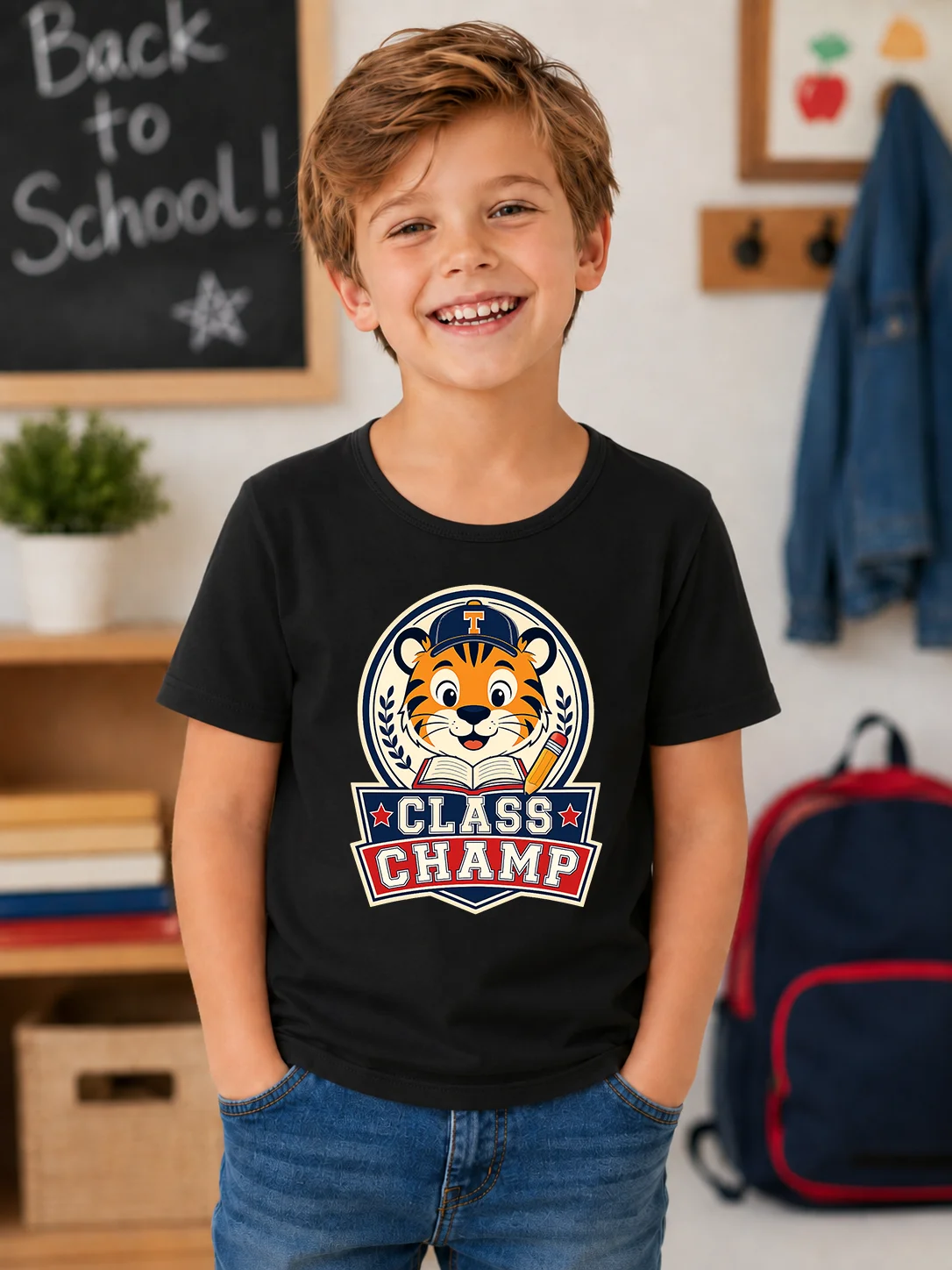 Boys Back To School T-Shirt Cute Tiger Class Champ Graphic Tee Kids Summer Cotton Short Sleeve T Shirts Children Casual School T