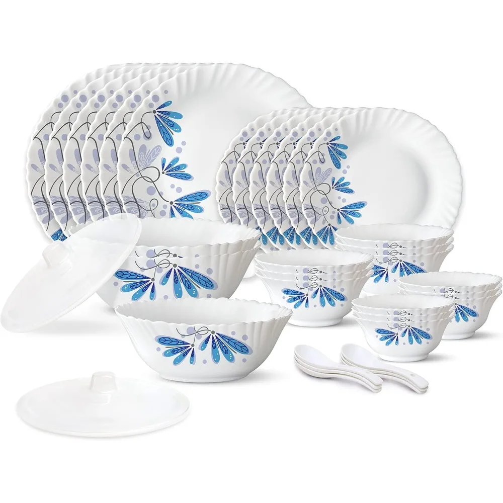 

Borosil Gourmet Dinnerware Set for 6, 35 Pieces, White Dinner Plates and Bowls Sets, Chip Resistant Tempered Opal Glass