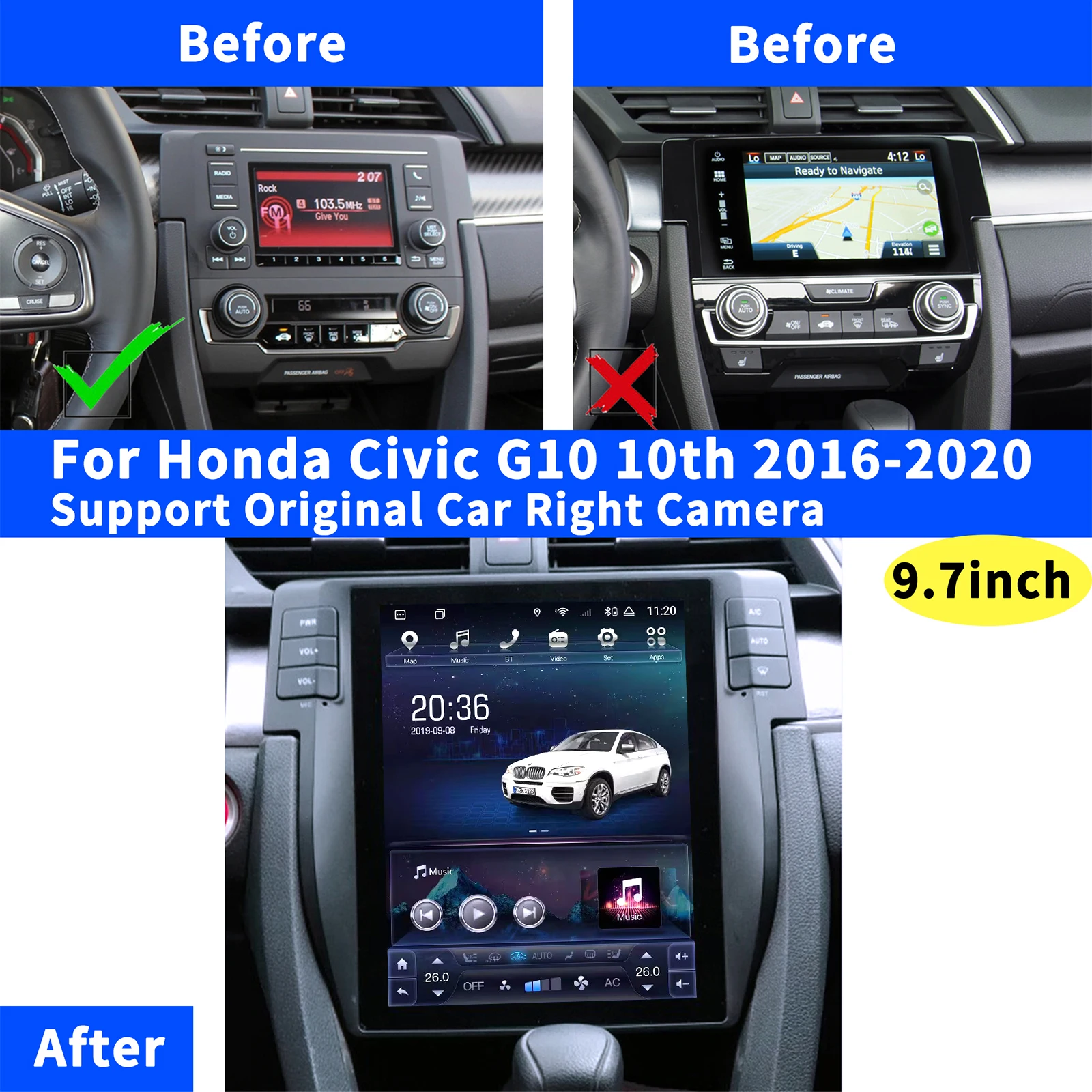 Central Multimedia For Tesla Honda Civic G10 X 2016 2017 2018 2019 2020 2021 10th Gen Android System Head Unit Screen Carplay