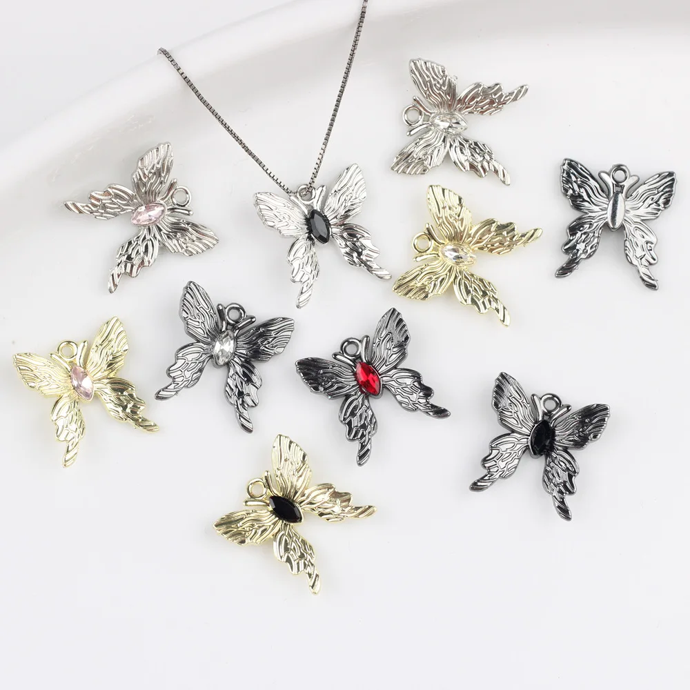 

10pcs/lot Simple Zinc Alloy Metal Zircon Inlaid Butterfly Pendant For DIY Handmade Necklaces Jewelry Making Accessories