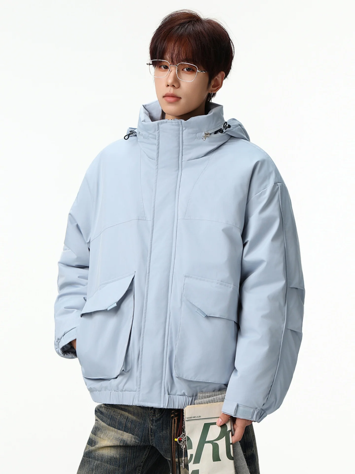 

Утепленная хлопковая куртка для мужчин со съемным капюшоном, зимняя верхняя одежда для активного отдыха с множеством карманов, молодежная модная куртка свободного кроя