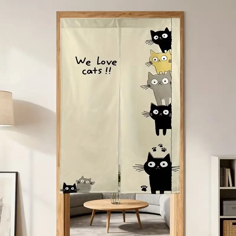 VIKAMA Cartoon Black Cat Entryway Curtain, Cute Kitten-Patterned Fabric Half-Curtain, Privacy Screen, Home Decor