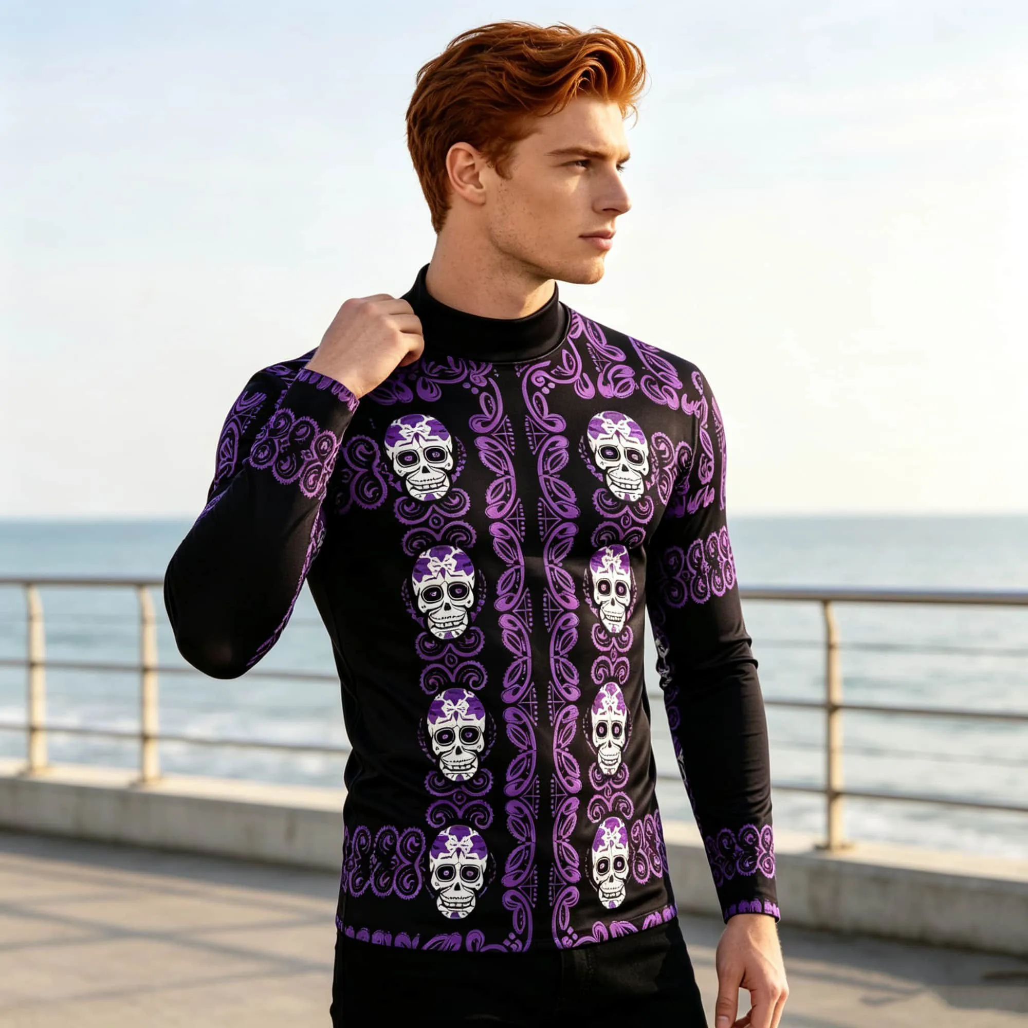 2026 New Arrival Men Mock Neck Long Sleeve Shirt Day of The Dead Skull Floral Print Tee Halloween Gothic Streetwear Top