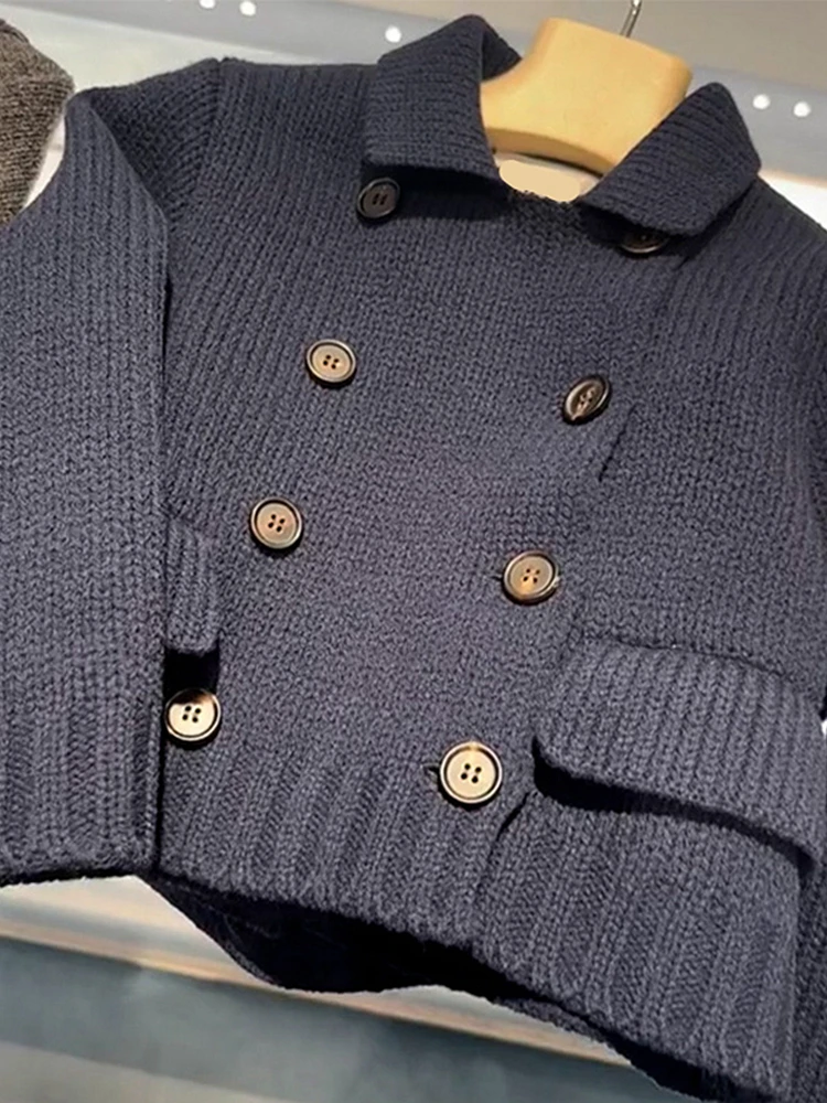 

Thiened Long Sve Knitted Sweater Coat Women's Winter Faion Commute Soft Lazy High-End Feeling k Blue Turn-down Collar