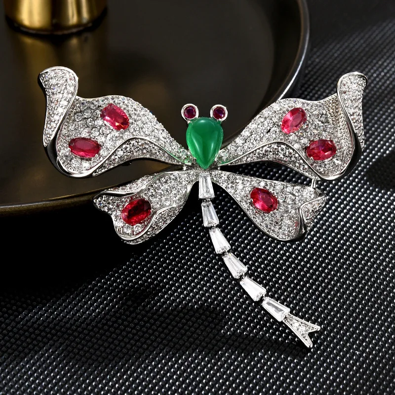 OKILY Exquisite Luxury Retro Dragonfly Brooches Atmosphere Man Coat Broochpins AAA Zircon Pearl Animal Corsage Accessories Decor
