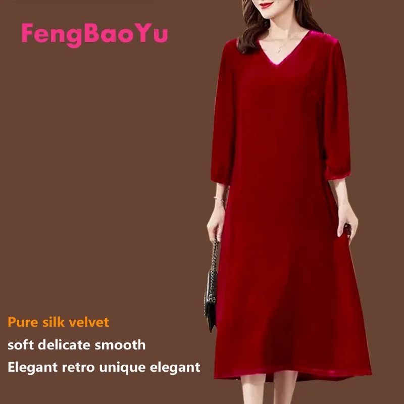 

Fengbaoyu-Silk Velvet V-neck Knitted Dress for Women, Plus Size Clothing, Elegant Luxury, Seven-Quarter Sleeve, Autumn Winter