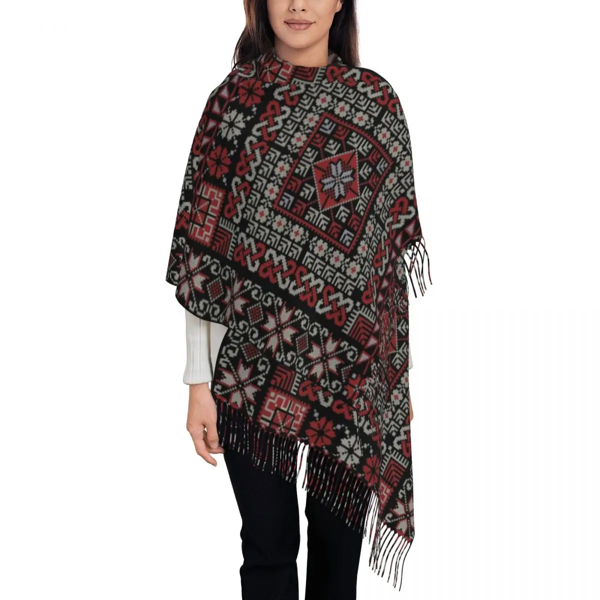 Palestinian Jordanian Fallahi Tatreez Shawl Wraps for Womens Warm Large Long Scarf Palestine Pashminas Tassel Scarves