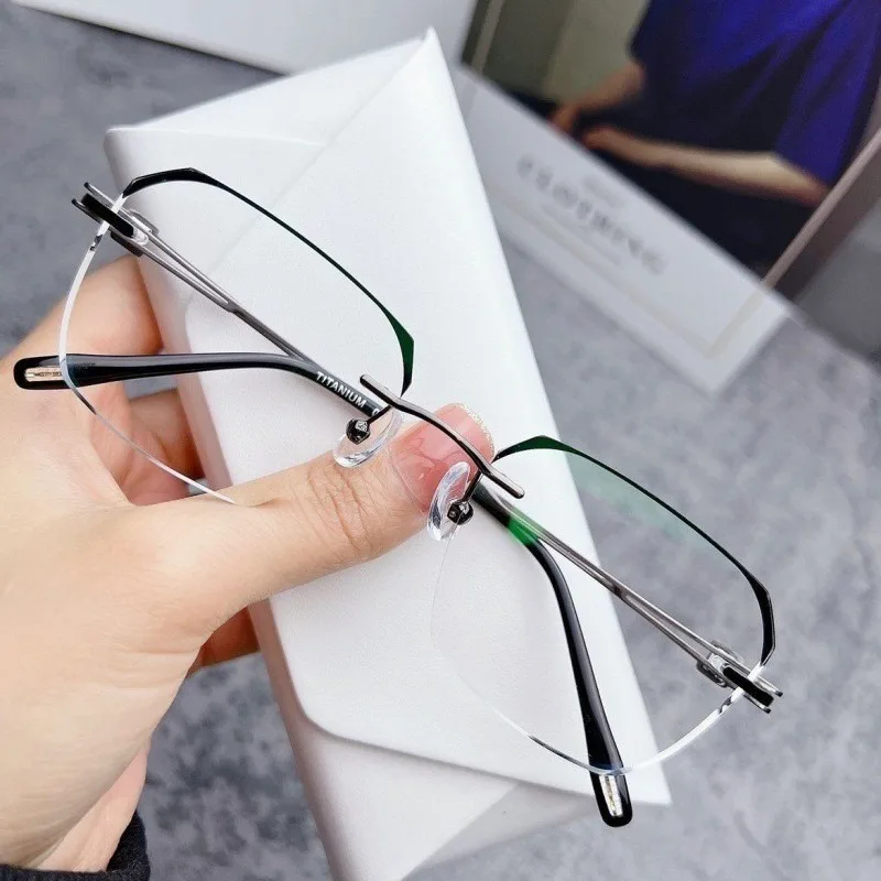 +100 To +400 Anti Blue Light Reading Glasses for Men Rimless Eyeglasses Frame Anti Fatigue Hyperopia Presbyopic Eyewear