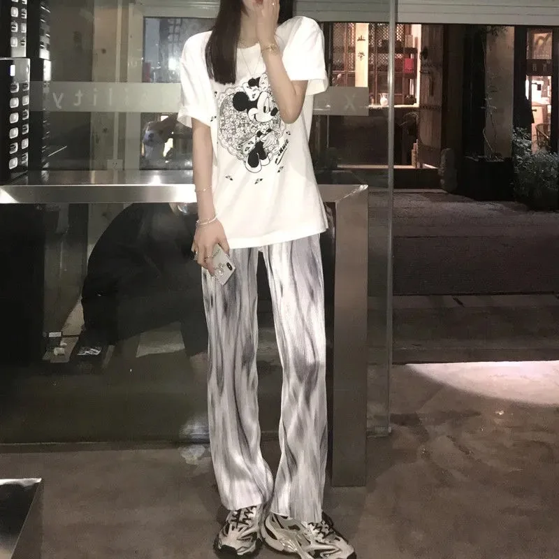 

Women's Wide Leg Pants White & Blue Abstract Print High Waist Pleated Loose Fit Casual Pants