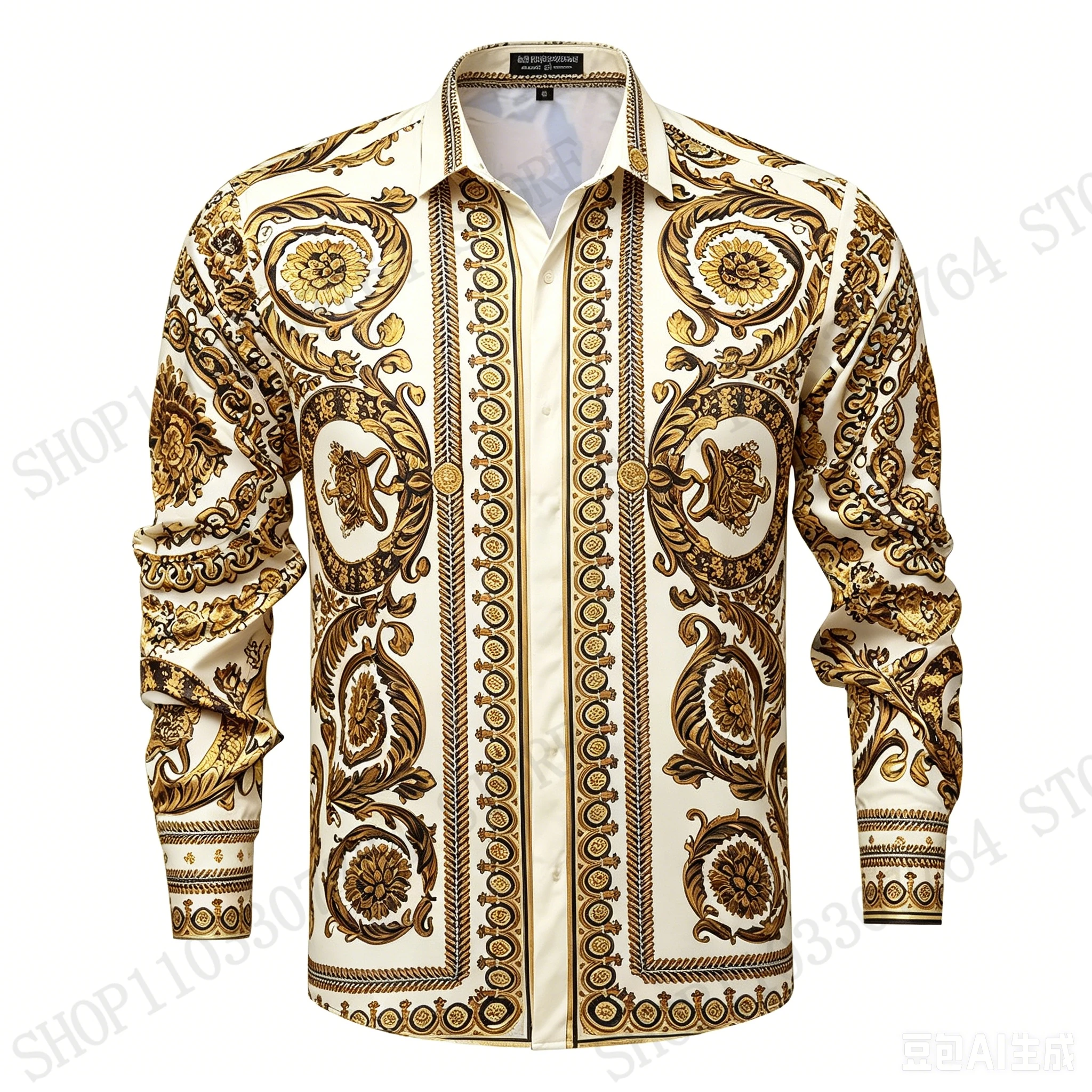 New Mens Baroque Texture Full Sleeve Shirt Golden Ethnic 3 D Print Shirt Men/Women Fashion Luxury Shirts European American Style
