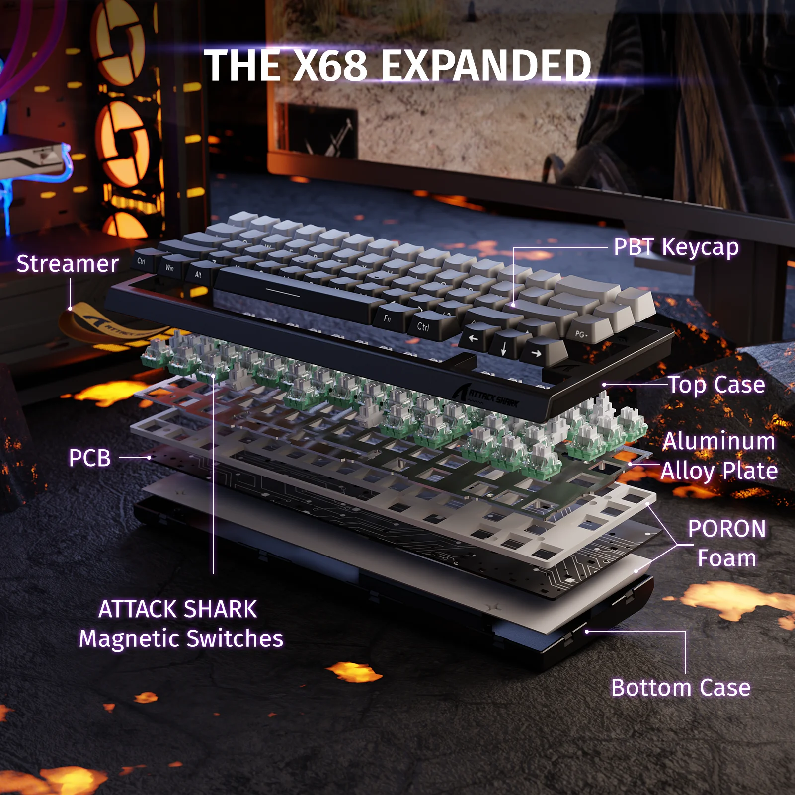 لوحة مفاتيح مغناطيسية ATTACK SHARK X68 HE Rapid Trigger 8 كيلو هرتز، دقة 0.01 مم RT، تخطيط 60%، RGB، تدعم صنبور RT/Snap/DKS/MT/TGL